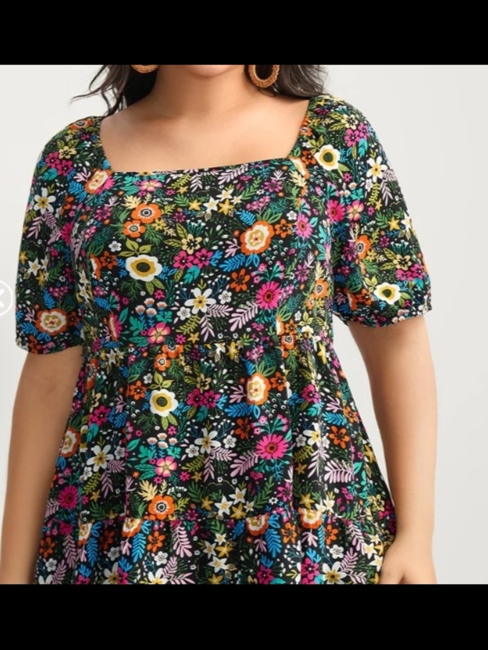 BloomChic Black Floral Square-Neck Puff Sleeve Tunic